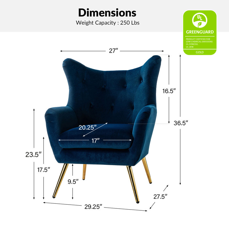 Fauteuil à oreilles 29,25 po Avianna, Velours marine