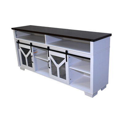 Meuble télé 65,3 po avec DEL, porte de grange en maille de fer et décoration en Y, fini blanc noyer noir, inspiré, convient aux téléviseurs de 60 à 69 po, espace de rangement spacieux pour les bandes multimédias, conception coulissante, plateau de caisse,