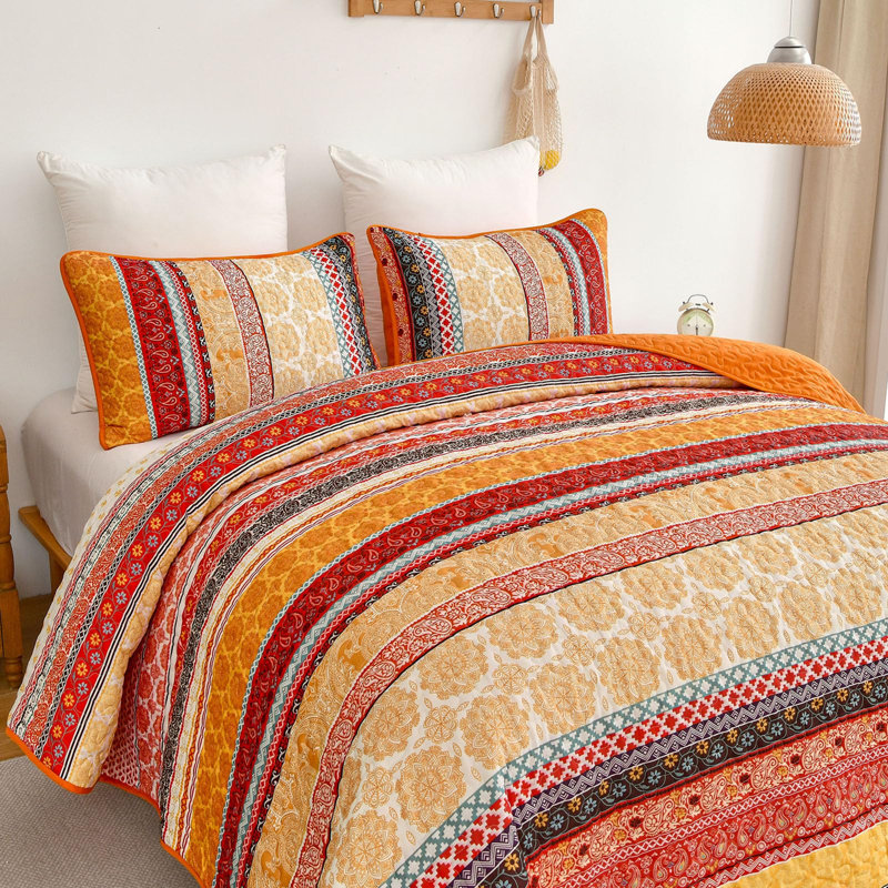 Ensemble de courtepointe 3 pièces Boho, Orange, Courtepointe très grand et 2 très grandes taies 