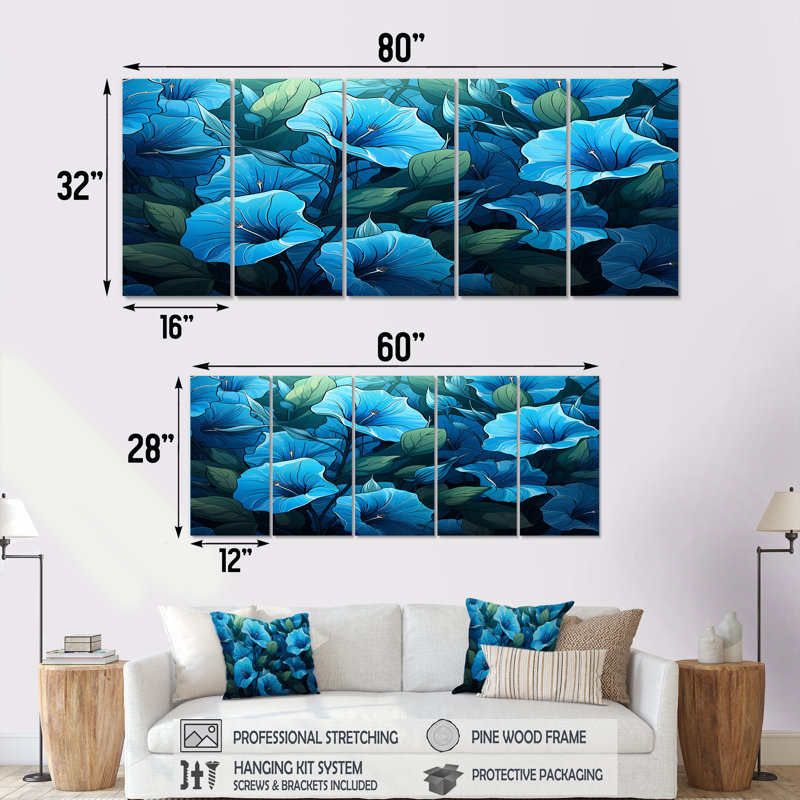 «Blue Morning Glory Blossom Burst - Morning Glory», art mural 5 pièces, H 32 po x l 80 po