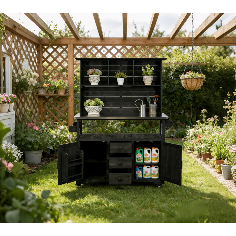 Banc de rempotage mobile en bois noir avec plateau en acier inoxydable pour le jardin, Noir