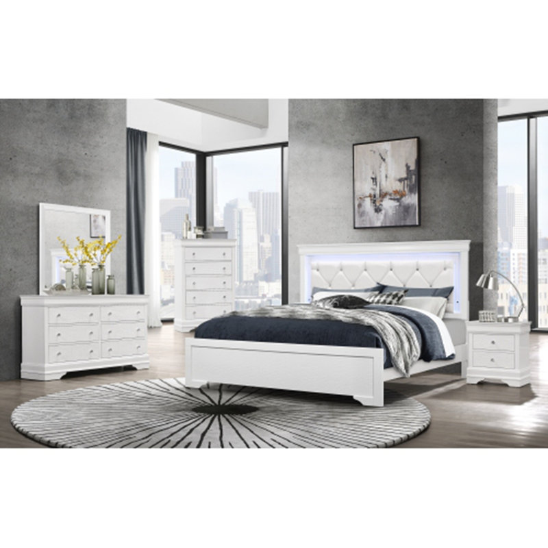 Lit Shaker - Pièce sophistiquée de chambre à coucher à éclairage DEL, Blanc, Grand lit