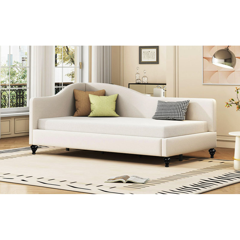 L-Shaped Linen Daybed, With Solid Wood Legs, Beige, Twin