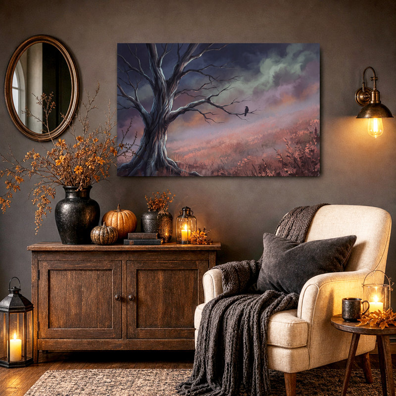 Arbre noueux avec corbeau au-dessus d'un champ brumeux - Toile murale d'Halloween, H 32 po x l 48 po