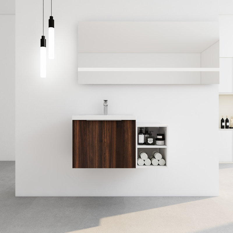 Meuble-lavabo de salle de bain avec espace de rangement, 36 po, fixation murale, lavabo et rangement en noyer, fermeture en douceur