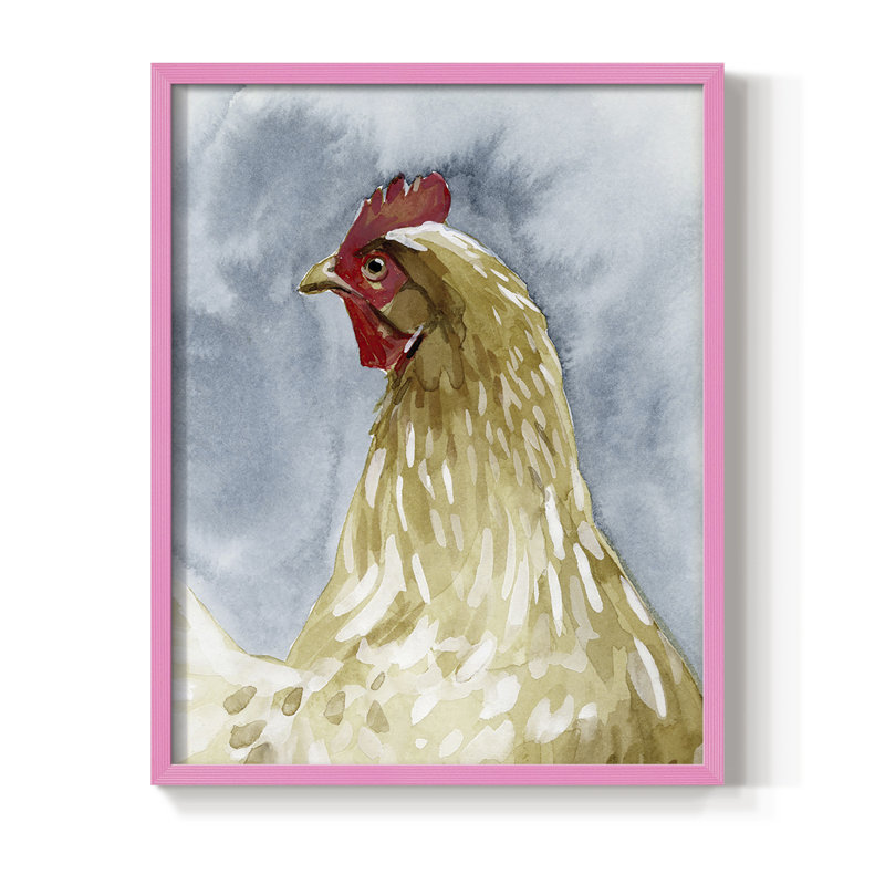Portrait de poulet I, reproduction encadrée - bois massif, Rose, H 10 po x l 8 po