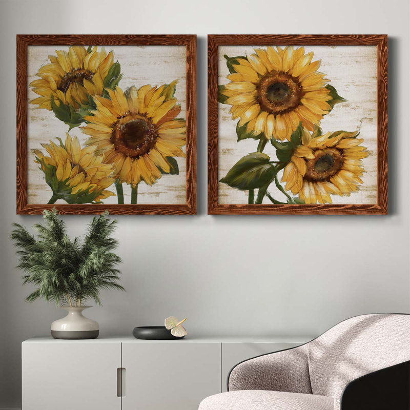 Tournesol d'été I - ensemble de 2 peintures sur toile encadrées, Érable encadré, H 31,5 po x l 63 po x P 1,5 po