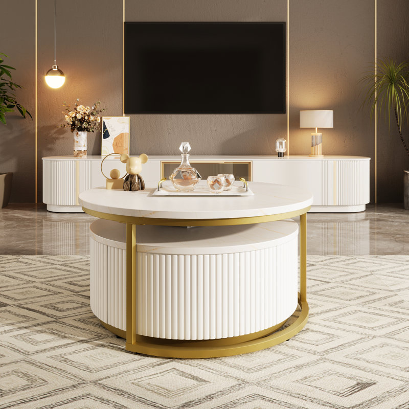 Modern Round Nesting Coffee Table Fluted With Drawer In White & Gold In 31.5''