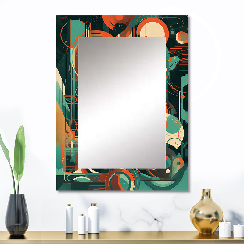 Vert et orange, Mid Century Innovations IV - grand miroir mural moderne Mid-Century, miroir unique vert, impression d'art en métal