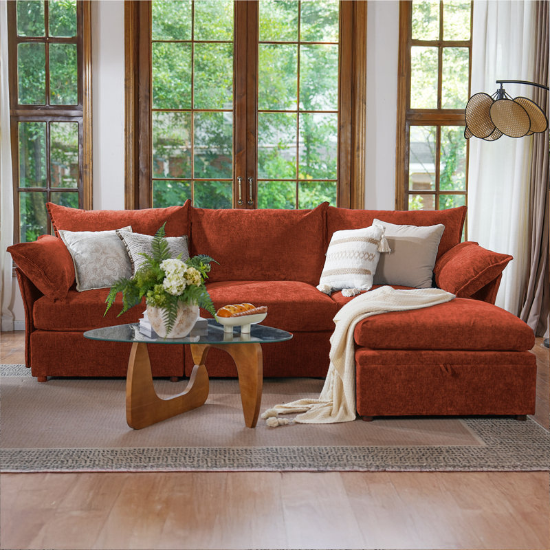 Merchelle 103' Wide Reversible Modern Modular Sectional Sofa With Storage Ottoman -Premium Chenille Fabric, Orange Chenille