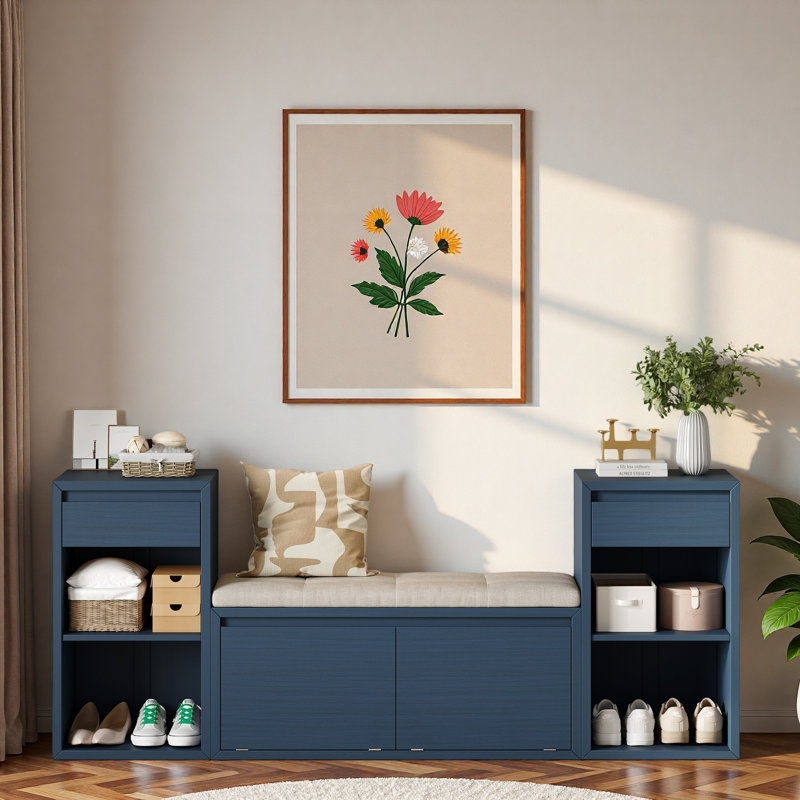 Banc de rangement avec coussin, compartiments, tiroirs et tablettes ouvertes, Bleu marine antique