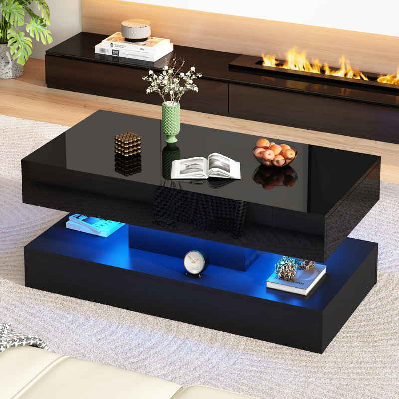 Modern High Gloss Black LED Coffee Table with 2 Storage Drawers, 20 Colors LED Lights (APP/Remote Control), 2-Tier Marbling Print Center Table for Living Room