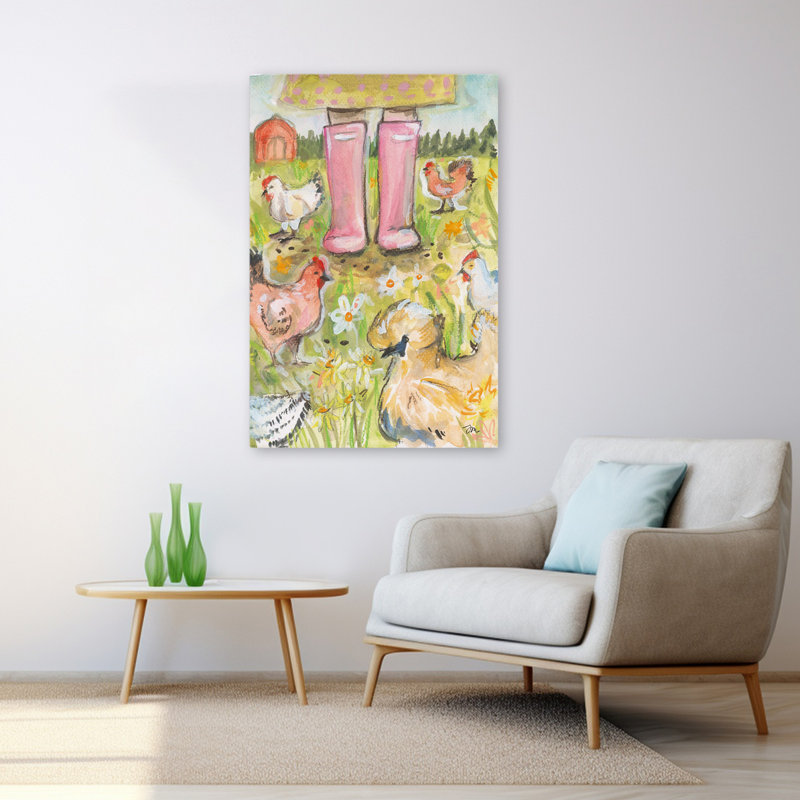 Chama maman - Illustration contemporaine de la vie à la ferme, bottes roses, poules dans un jardin, H 48 po x l 32 po
