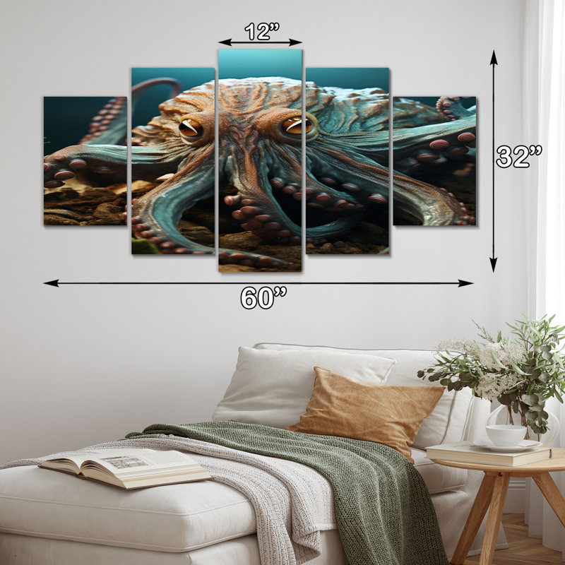 Teal Octopus Lunar Reflections - Décoration murale animaux - 5 panneaux