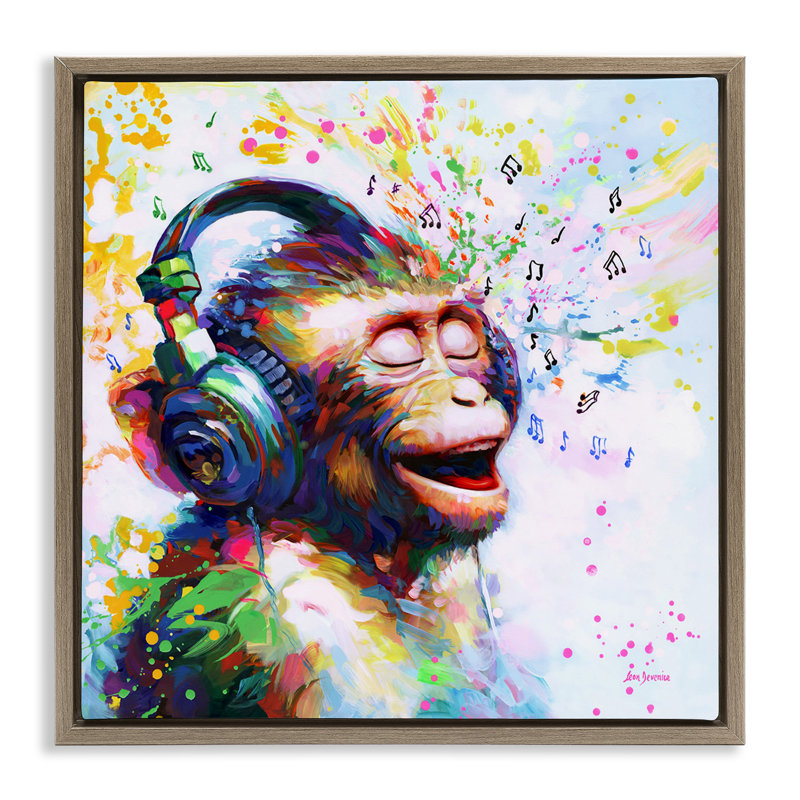 Blissful Beats Monkey Gold Framed Floater Canvas Wall Art by Leon Devenice, Montalcino Elm Floater Frame, 18" H x 18" W