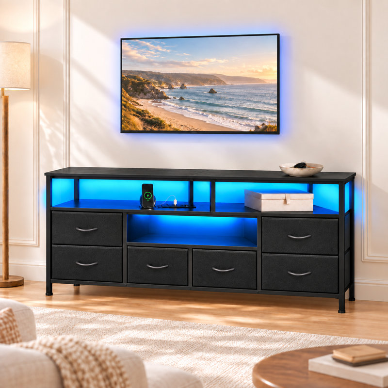 Meuble télé de 55 pouces avec 6 tiroirs en tissu, éclairage DEL, station de recharge et rangement multimédia ouvert, 55"