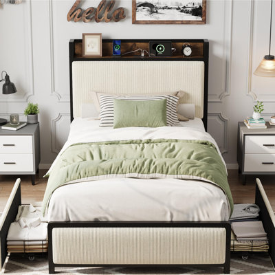 Bed Frame with 2 Storage Drawers and Charging Station, Rustic Linen Upholstered Platform Bedframe with Storage Headboard, Heavy Duty