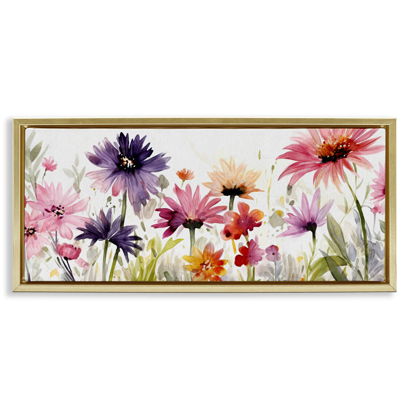 Fleurs roses et mauves, H 11 po x l 25 po, Cadre flottant métallique doré