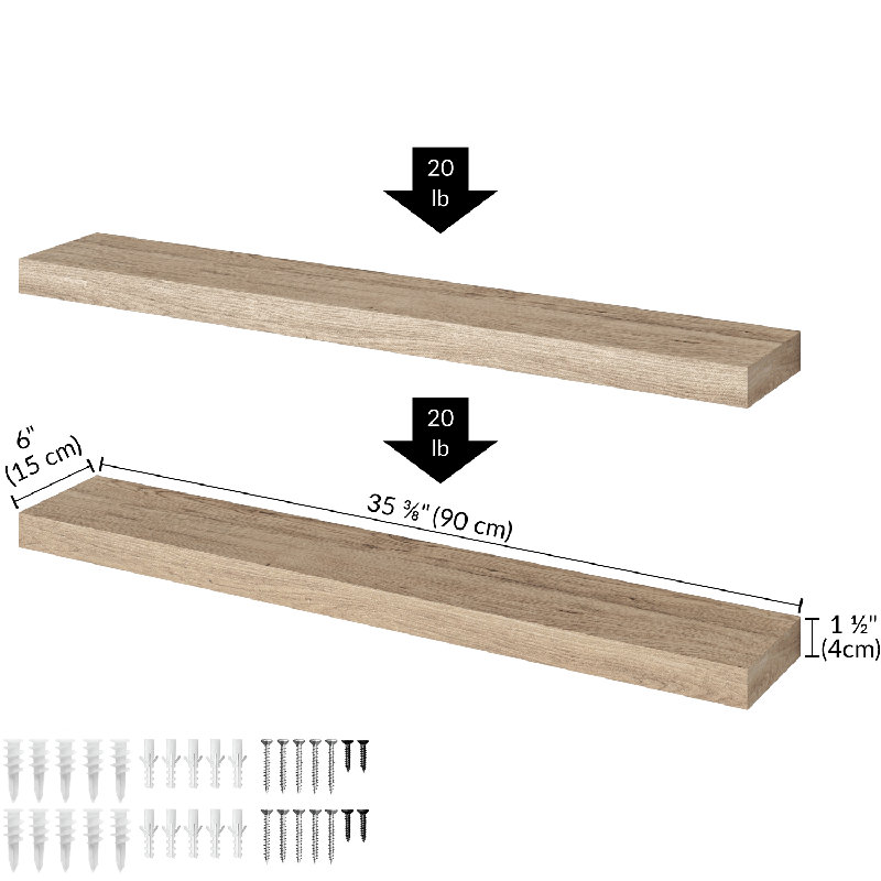 Sydney 36" W x 6" D Floating Shelves Set with Invisible Wall Mount Brackets, Oak