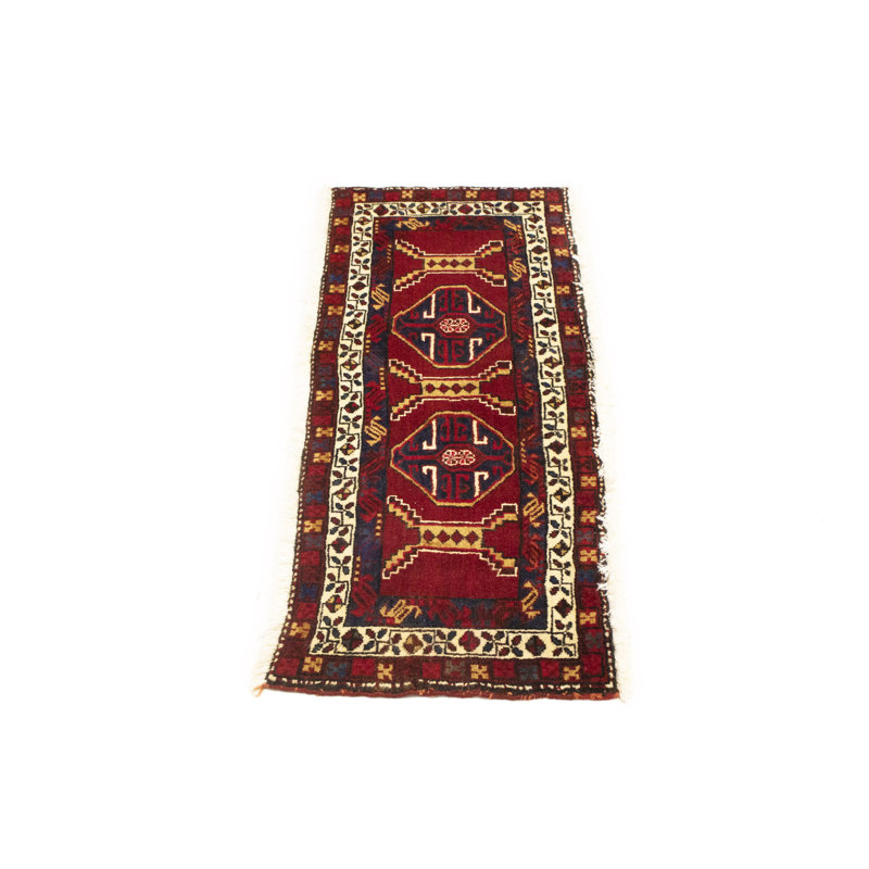 Tapis rétro vintage rouge géométrique fait à la main 2 x 4