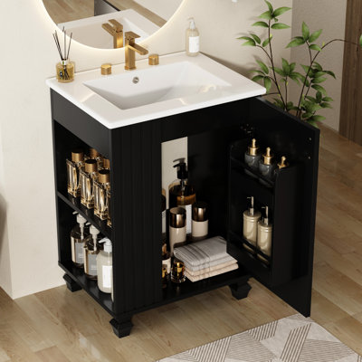Meuble-lavabo classique de 61 cm (24 po) avec trop-plein, 5 étagères, compartiments latéraux ouverts et finition noire de style rétro, poignées en métal, lavabo en céramique à fermeture amortie.