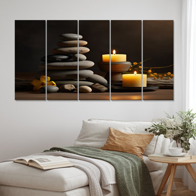 Bougie flamme Zen Stone Cairn Sculpture Balance V - Spiritual Stone Wall Art Living Room - 5 Equal Panels