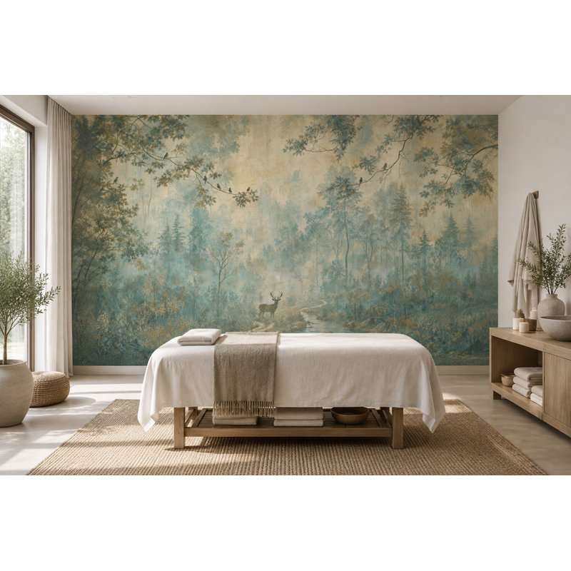Fresque murale Misty Forest Deer, 140 po x 108 po, Peler et coller