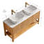 Meuble-lavabo 60 po, lavabo autoportant en contreplaqué avec 4 portes en bambou texturé et tablette ouverte, 2 lavabos en céramique à motif marbré et plateau en pierre frittée blanc de Carrare, couleur grain de bois