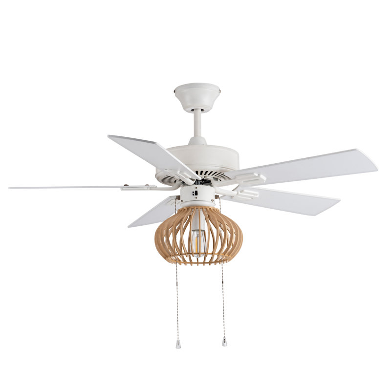 42" White and Tan Wood Caged Ceiling Fan with Light