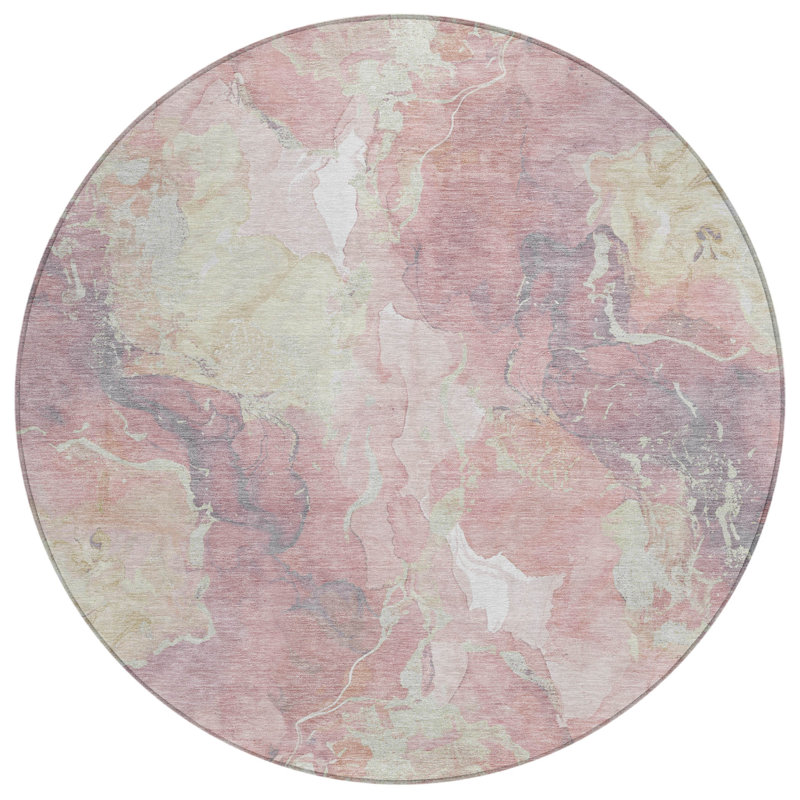 Machine Washable Indoor/Outdoor Xhevrie Pink Rug, Round 8'