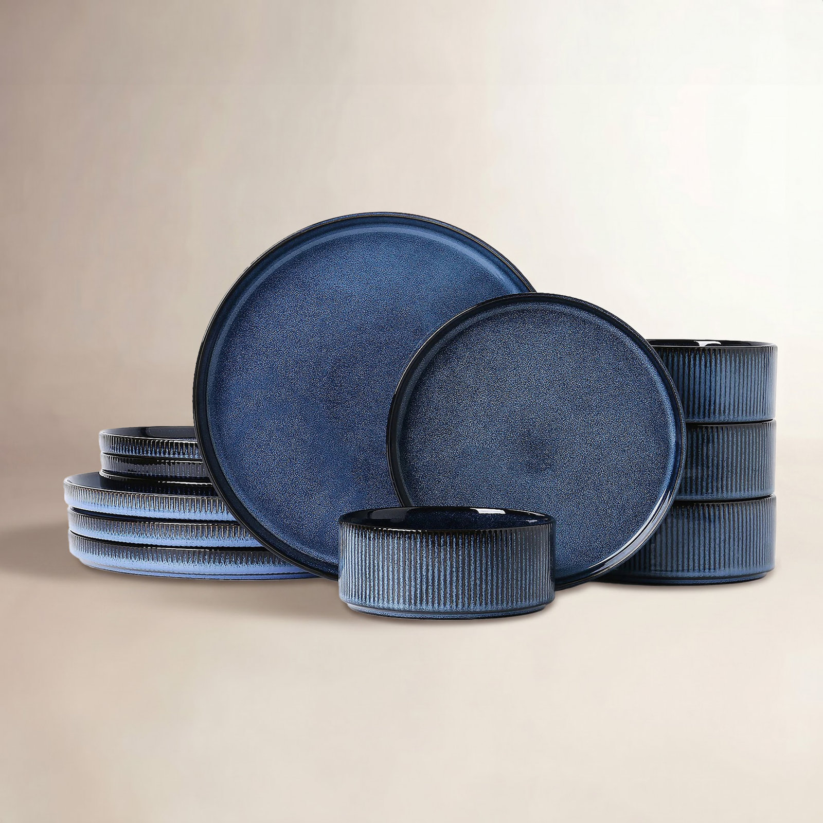  12 Piece Stoneware Dinnerware Sets, Service for 4, Blue