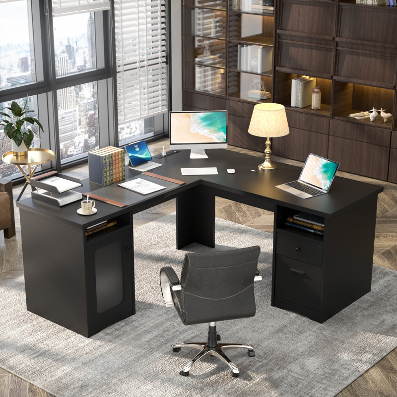 Detcho 60'' L Shaped Executive Desk with Drawers and Power Outlets, Black