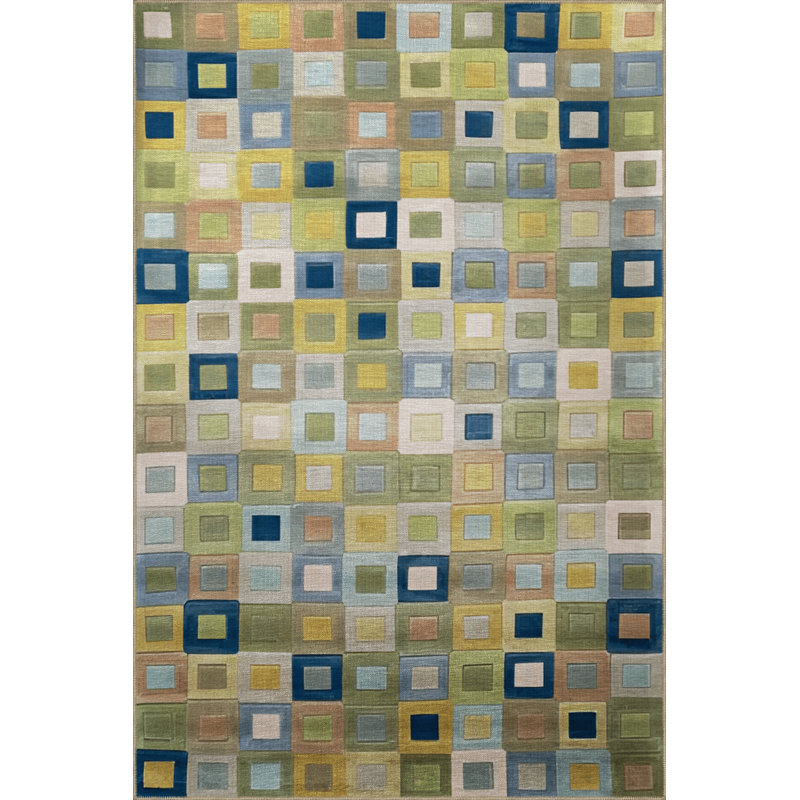 Tapis décoratif vert et bleu multicolore géométrique, Rectangle 4 pi 7,12 po x 6 pi 6,74 po