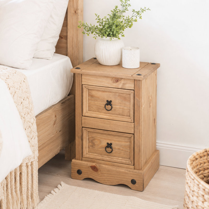 Thea 2 Drawer Bedside Table, End Table, Side Table, Pine Antique Waxed, Corona design
