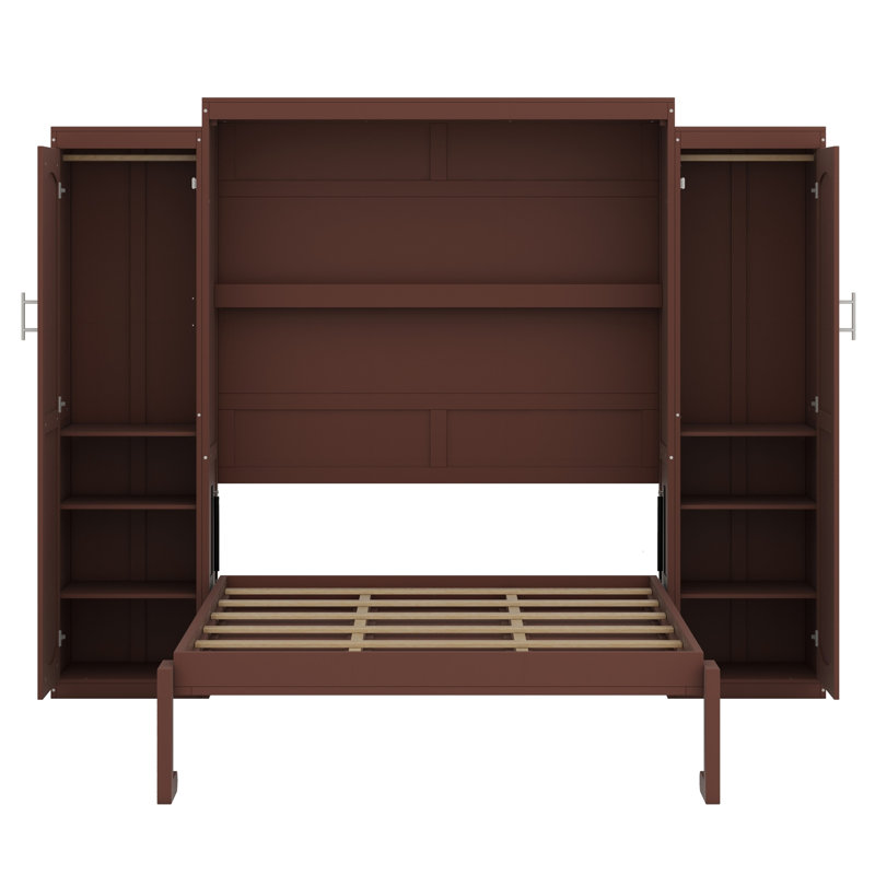 Lit plateforme pliable en bois avec garde-robe et tablette de rangement, Noyer, Grand lit