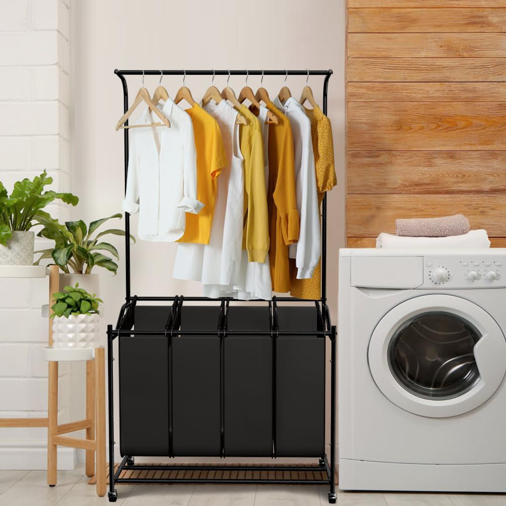 Kazoo Laundry Sorter 4 Sections With Hanging Bar, 4 Bags Laundry Hamper ...