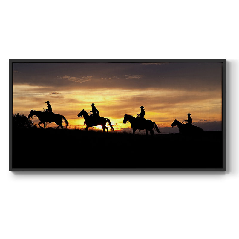Sunset Cowboys- Framed Gallery Wrapped Canvas -Ready to Hang, Black, 21" H x 41" W