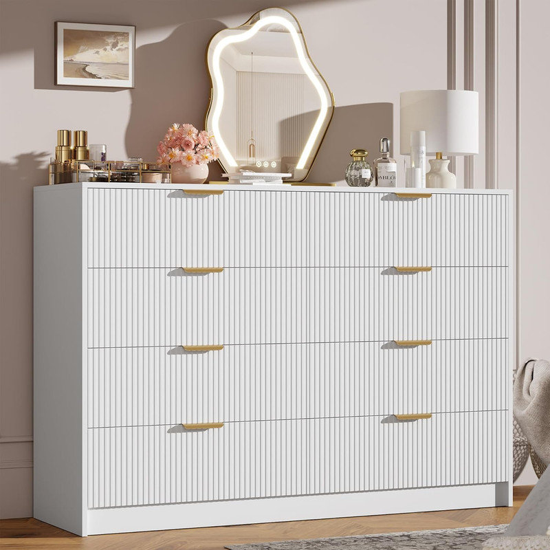 55" Fluted 8-Drawer Dresser – Gold Handles, Multi-Function TV Stand for Bedroom, Living Room, Hallway, White