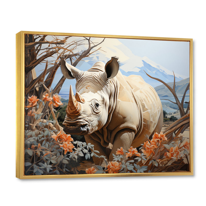 Majestic Rhino Pastoral, reproduction d'art sur toile, Cadre flottant doré, H 16 po x l 32 po x P 1 po