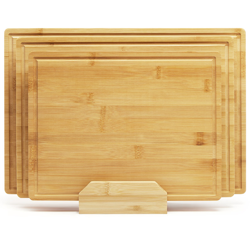 3-Piece Bamboo Cutting Board Set with Holder, Deep Juice Grooves and Built-In Handles, Heavy Duty 0.8 in Thick Wooden Chopping Boards for Meat, Vegetables and Fruit