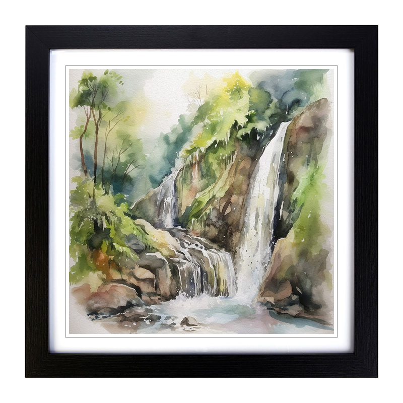 Waterfall Watercolour No.1 - Framed Print, Black