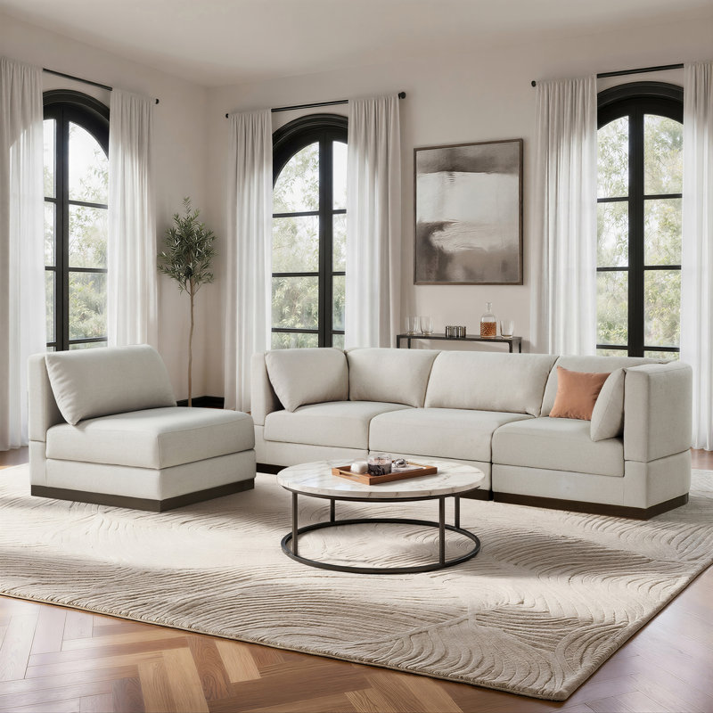 Sloane Modular Sectional with Hidden Storage Pocket Coil Comfort Boucle Fabric, Ivory Boucle