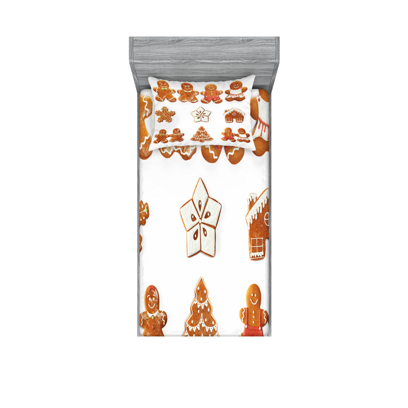 Drap-housse et coussin décoratif Ambesonne Gingerbread Man brun pâle / blanc, Twin Extra Long Sheet Set + 3 Additional Pieces
