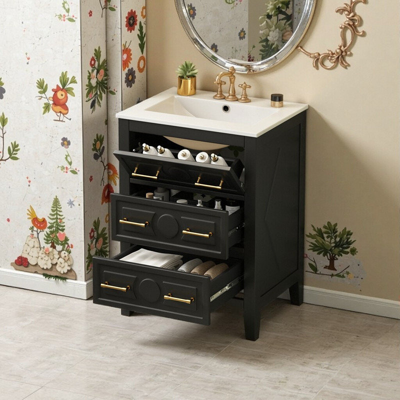 Meuble-lavabo avec lavabo en céramique et 3 tiroirs Aqua, Noir
