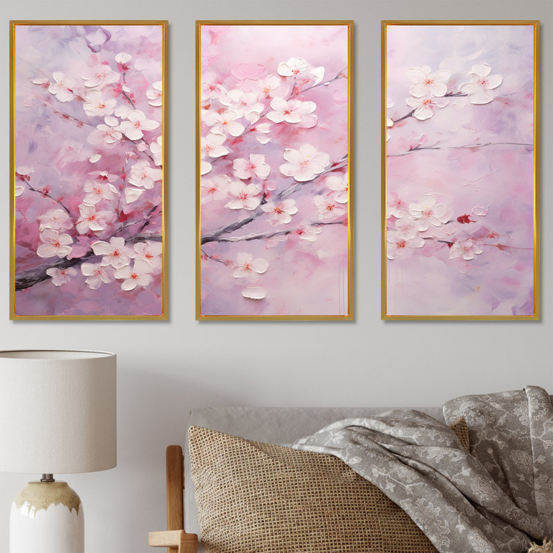 Minimalisme, cerisier rose - ensemble de reproductions d'art mural cerisier en fleurs, Cadre flottant doré