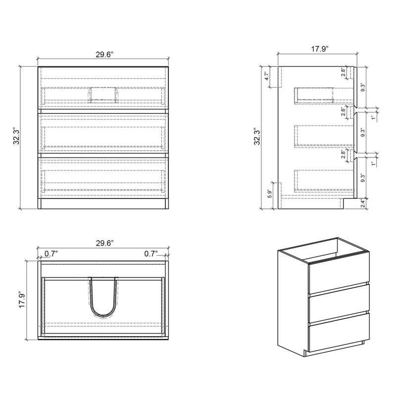 Meuble-lavabo gris pour salle de bain sans lavabo - 3 tiroirs, design élégant et moderne, rangement maximal, ouverture et fermeture silencieuses, tiroirs ergonomiques, style tendance et moderne.
