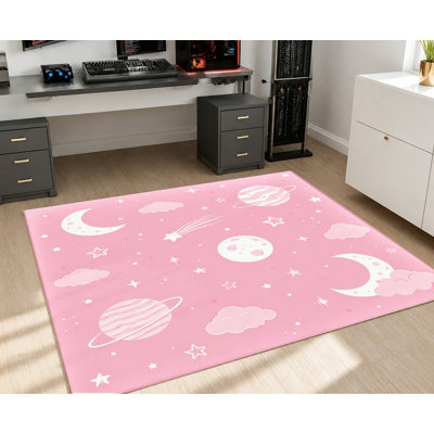 Cute Space Galaxy Area Rug, Pink Moon Stars Planets Clouds Pattern, Artistic Design, Non-Slip Floor Carpet, Stylish Indoor Home Decor for Bedroom, Dormitory, Game Room, DormitoryHere