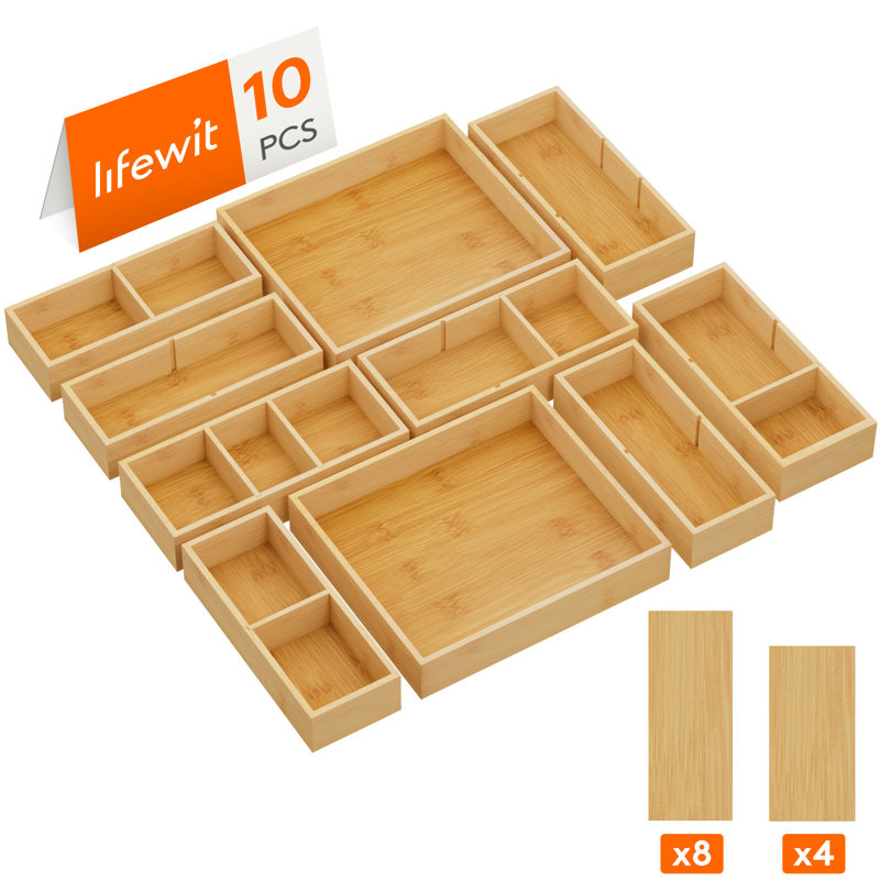 Drawer Organizers 10 Pack(22 Grid) With 12 Inserts, Adjustable Bamboo Wooden Drawer Dividers, Stackable Storage Box For Utensils, Silverware, Makeup, Junk In Kitchen/bathroom/office/vanity