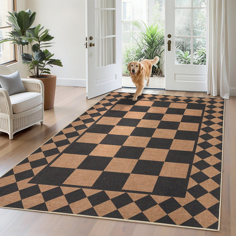 Washable Easy Jute Bedroom Rugs 5x7 Modern Checkered Throw Carpet with Non-Slip Backing, Stain-Resistant Low Pile Floor Mats, Foldable Durable Outside Rugs for Living Room, Deck, Black Brown