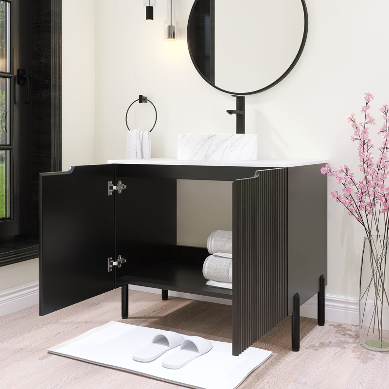 30 po Ensemble de meuble-lavabo simple sur pied Largeur avec lavabo vasque en céramique et comptoir blanc Carrara, Noir